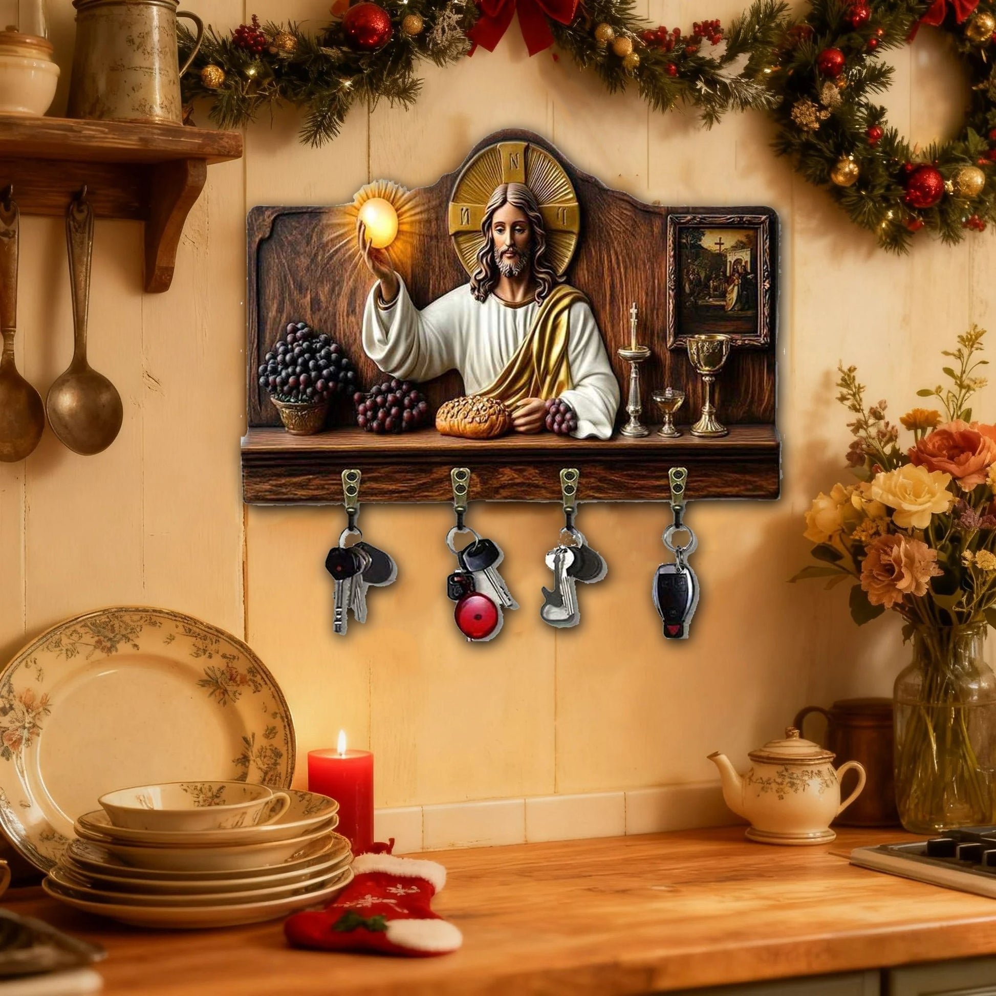 ⏰Final 2 Hours: Only  $9.99 🎁✝️Communion themed wooden multifunctional home key holder (11.8 "X9 in")
