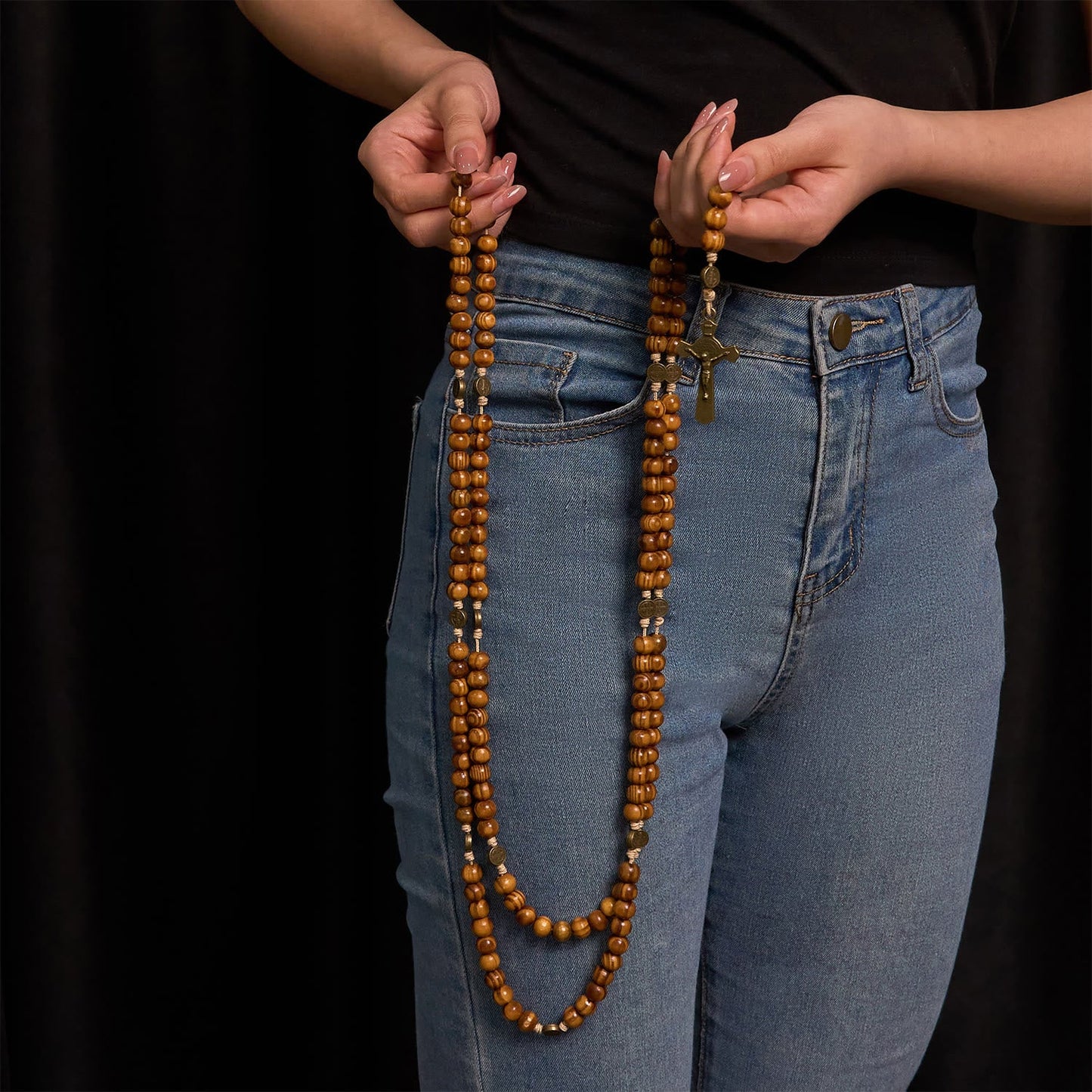 Christianartworkshop 15/20 Decade Olive Wood Rosary with St. Benedict, Crucifix & Waist Chain Design—Divine Devotion in Dual Use - image 6