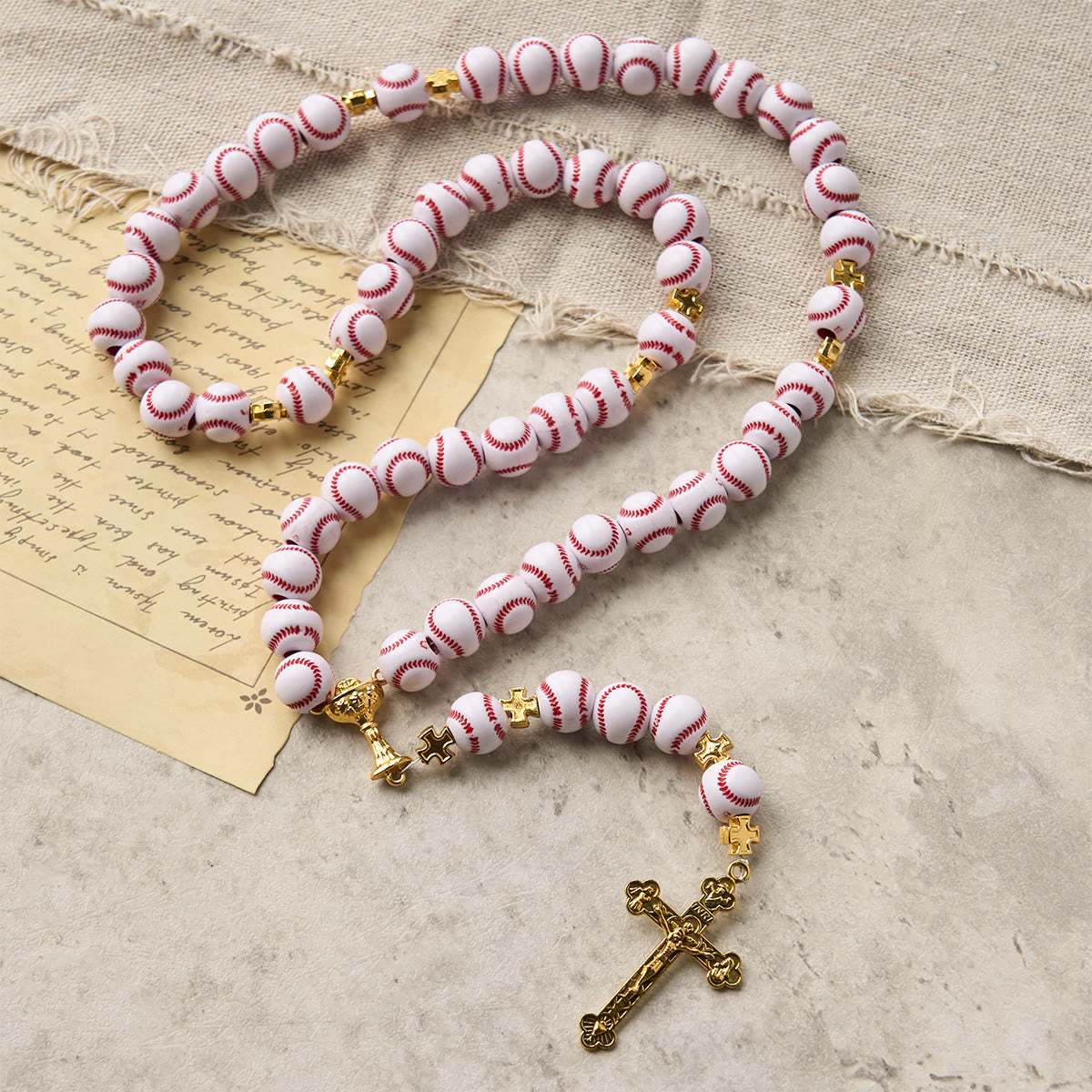 Christianartworkshop Blessed Miniature Baseball Beads Rosary with Golden Holy Chalice & Crucifix: Merge Faith and Sport - White - image 0