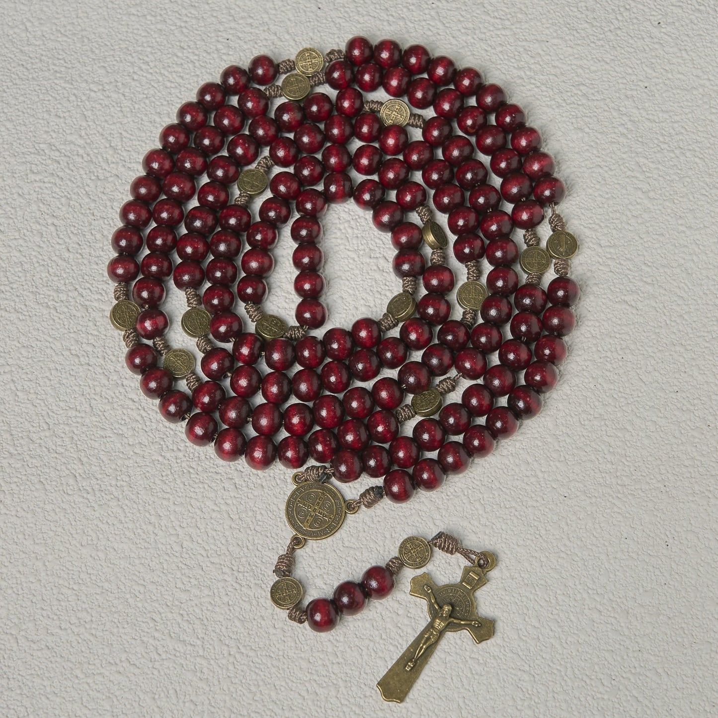 Christianartworkshop 15/20 Decade Olive Wood Rosary with St. Benedict, Crucifix & Waist Chain Design—Divine Devotion in Dual Use - 15 Decade - Wine - image 9