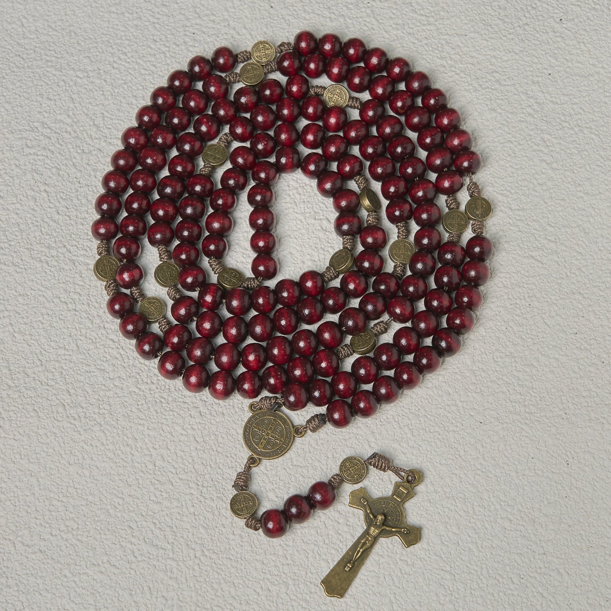Christianartworkshop 15/20 Decade Olive Wood Rosary with St. Benedict, Crucifix & Waist Chain Design—Divine Devotion in Dual Use - 15 Decade - Wine - image 9
