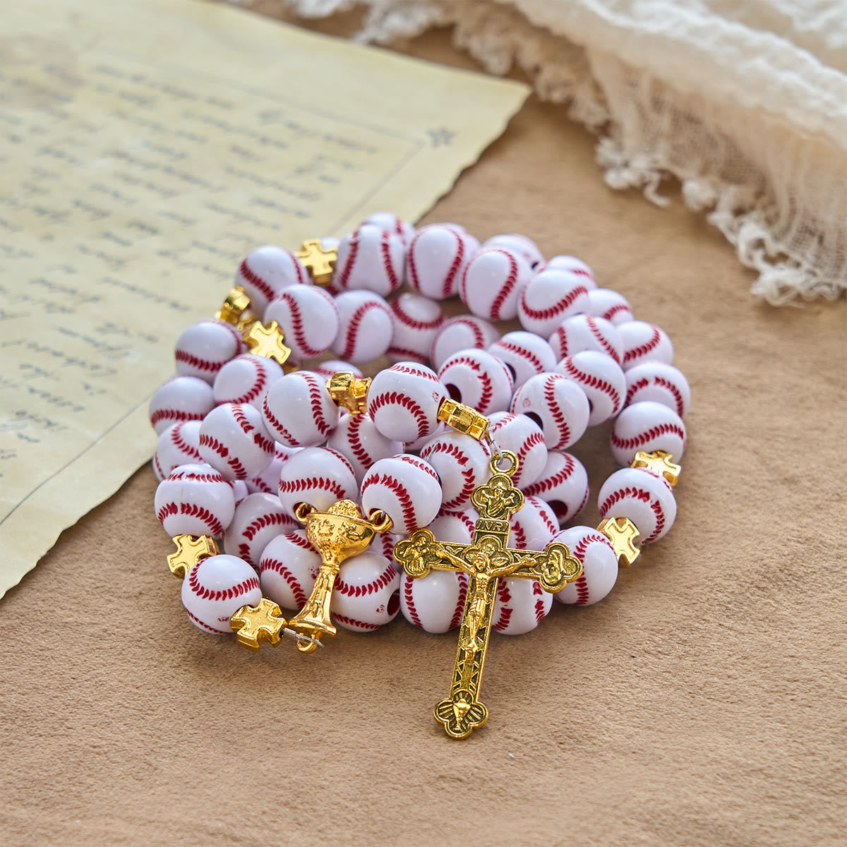 Christianartworkshop Blessed Miniature Baseball Beads Rosary with Golden Holy Chalice & Crucifix: Merge Faith and Sport - image 2