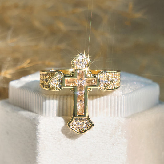 Christianartworkshop Central Cross Motif Ring with Cubic Zirconia Accents: Carry His Care in Daily Wear - Golden & White Zircon - US 11 - image 0