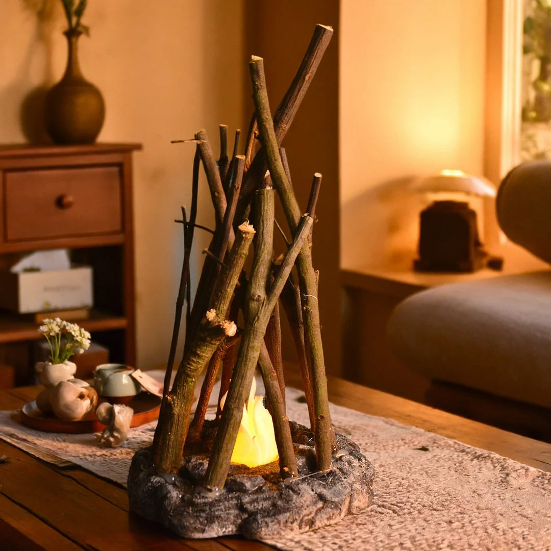 Woodland Campfire LED Night Lamp: Handmade Nature Decor