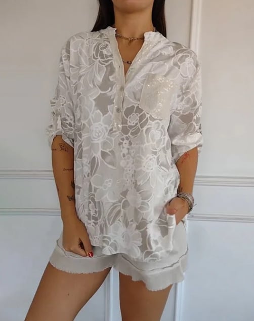 PrintLuxe | V-Neck Button-Down Printed Blouse