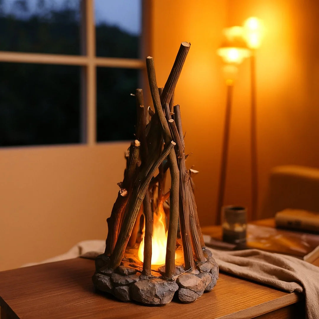 Woodland Campfire LED Night Lamp: Handmade Nature Decor