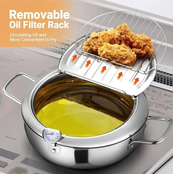 FryMaster – Stainless Steel Pot with Thermometer & Drip Drainer