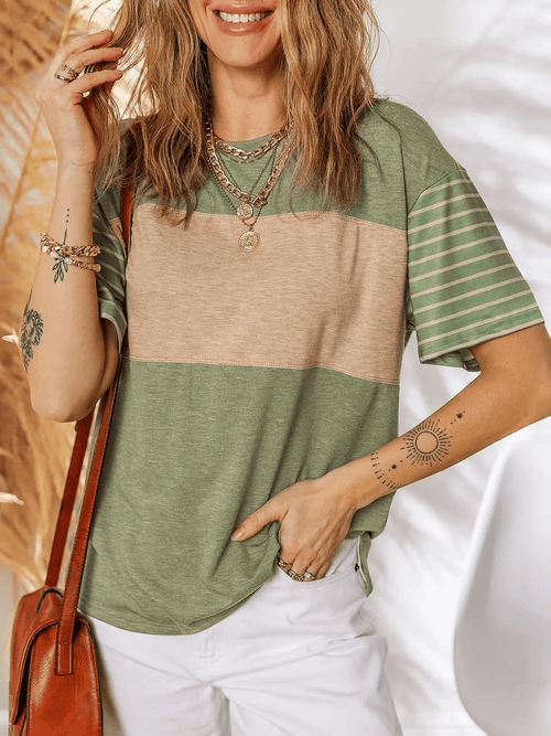 Womens Oversized Crewneck Casual Color Block Striped Shirts Blouses