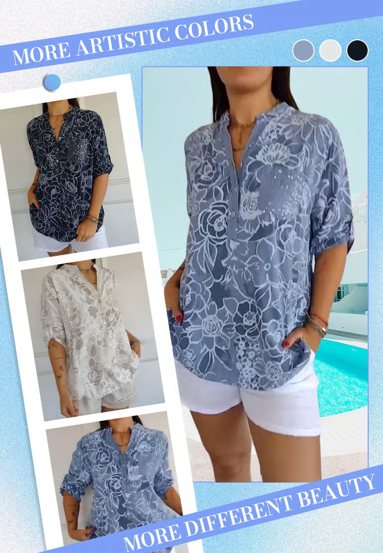 PrintLuxe | V-Neck Button-Down Printed Blouse