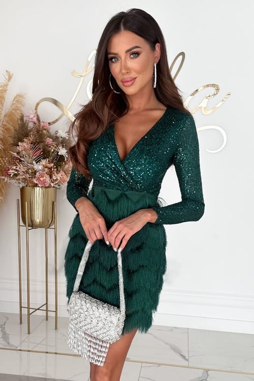 GlamAura – Sequined Patchwork Fringe Mini Dress