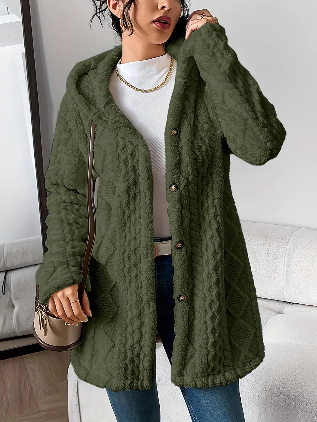 ⏰Hot Sale-Womens Fuzzy Fleece Button Down Jacket Hooded Open Front Cardigan Sweater(BUY 2 FREE SHIPPING)