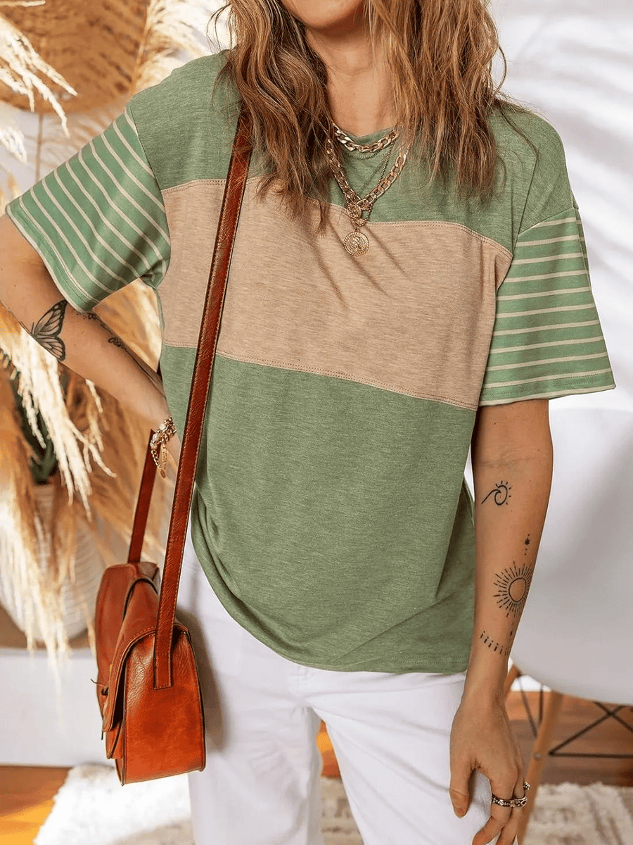 Womens Oversized Crewneck Casual Color Block Striped Shirts Blouses