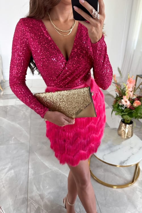 GlamAura – Sequined Patchwork Fringe Mini Dress