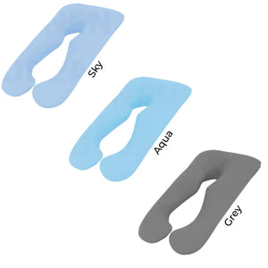 BodyHaven U-shape body pillow colour options shown in grey sky blue and aqua for comfort and style