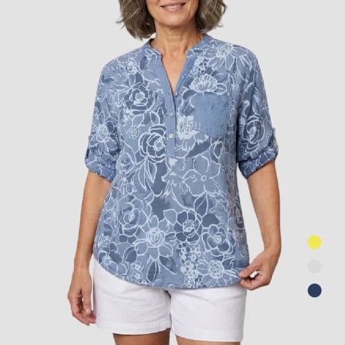 PrintLuxe | V-Neck Button-Down Printed Blouse