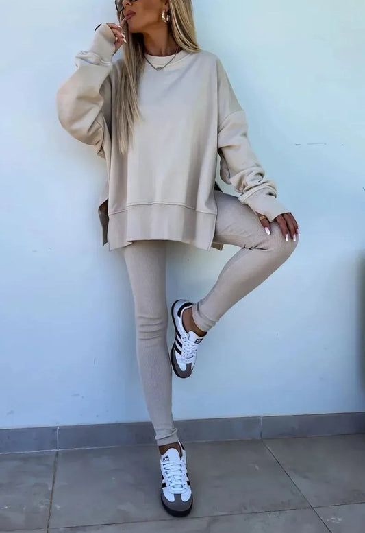SoftEase | Comfy Slit Sweatshirt Two-Piece Set