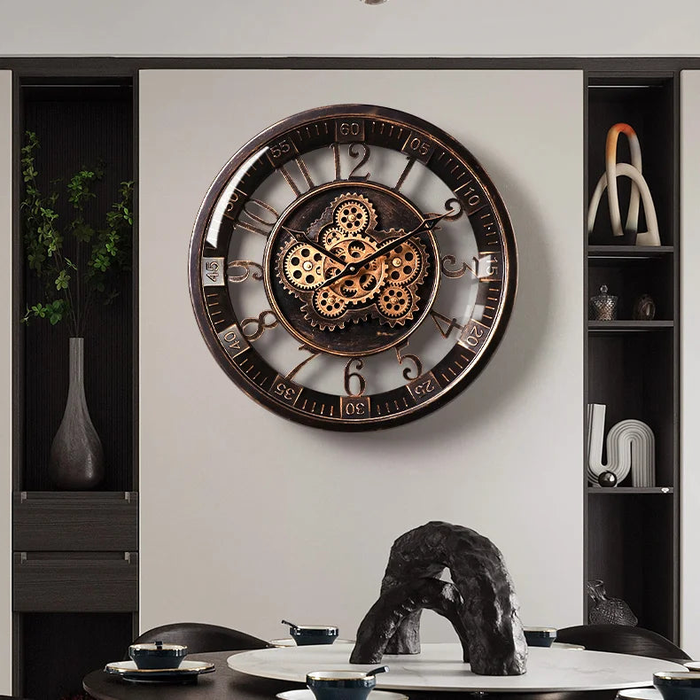 Retro gear mechanical wall clock, 2025 new style, light luxury, high-end artistic French vintage clock for living room