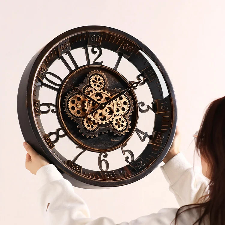 Retro gear mechanical wall clock, 2025 new style, light luxury, high-end artistic French vintage clock for living room
