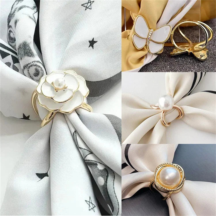 PearlBloom – Elegant Floral Scarf Ring Clip with Pearls