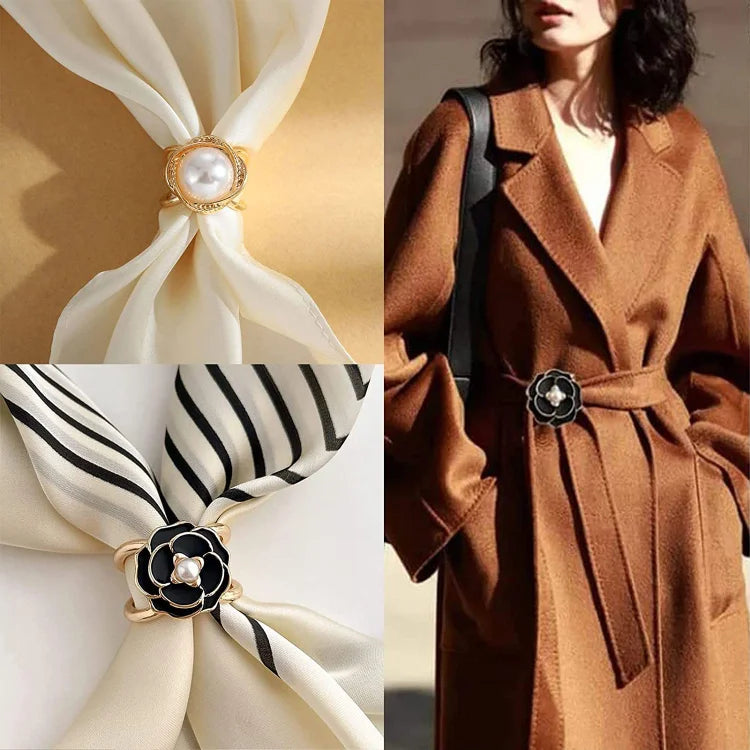 PearlBloom – Elegant Floral Scarf Ring Clip with Pearls