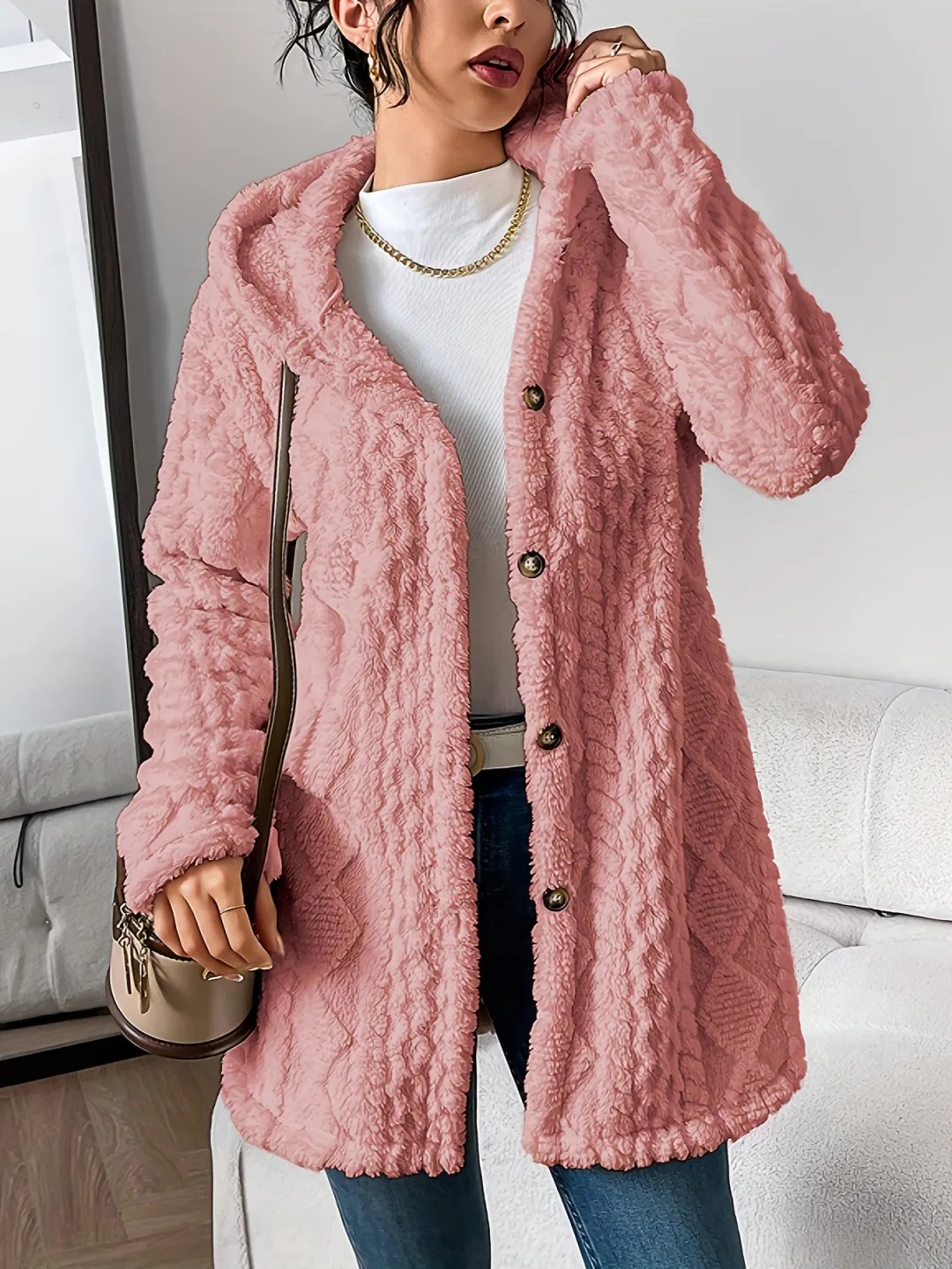 ⏰Hot Sale-Womens Fuzzy Fleece Button Down Jacket Hooded Open Front Cardigan Sweater(BUY 2 FREE SHIPPING)