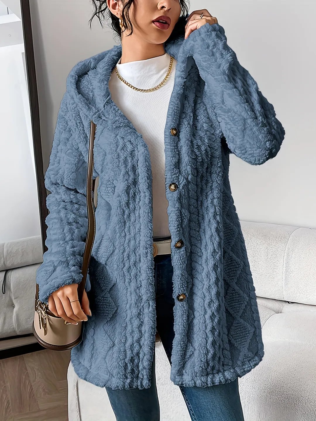 ⏰Hot Sale-Womens Fuzzy Fleece Button Down Jacket Hooded Open Front Cardigan Sweater(BUY 2 FREE SHIPPING)