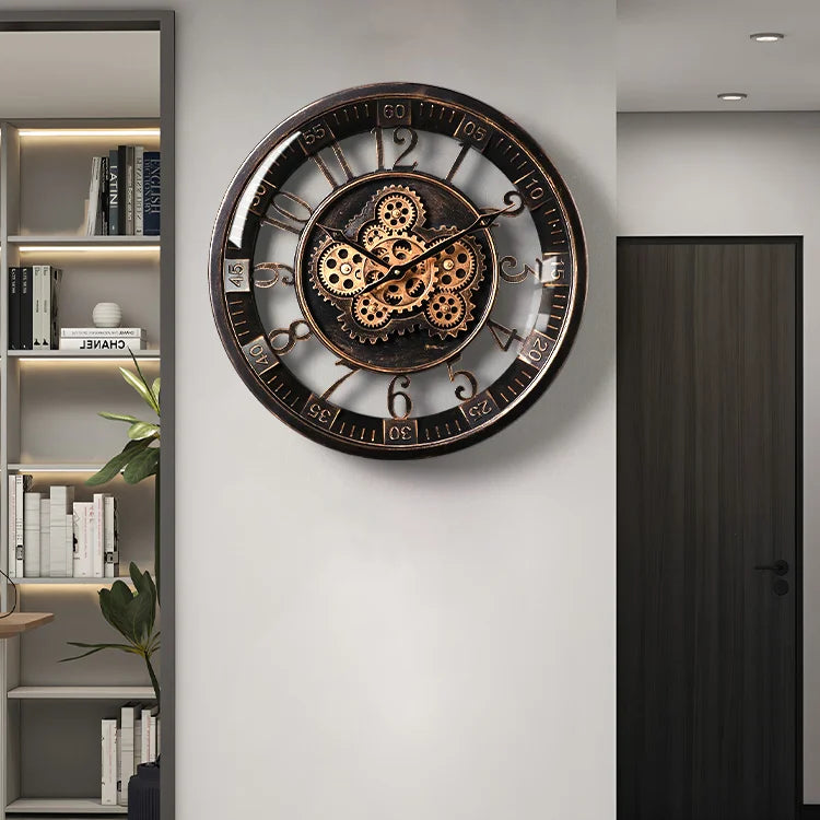 Retro gear mechanical wall clock, 2025 new style, light luxury, high-end artistic French vintage clock for living room