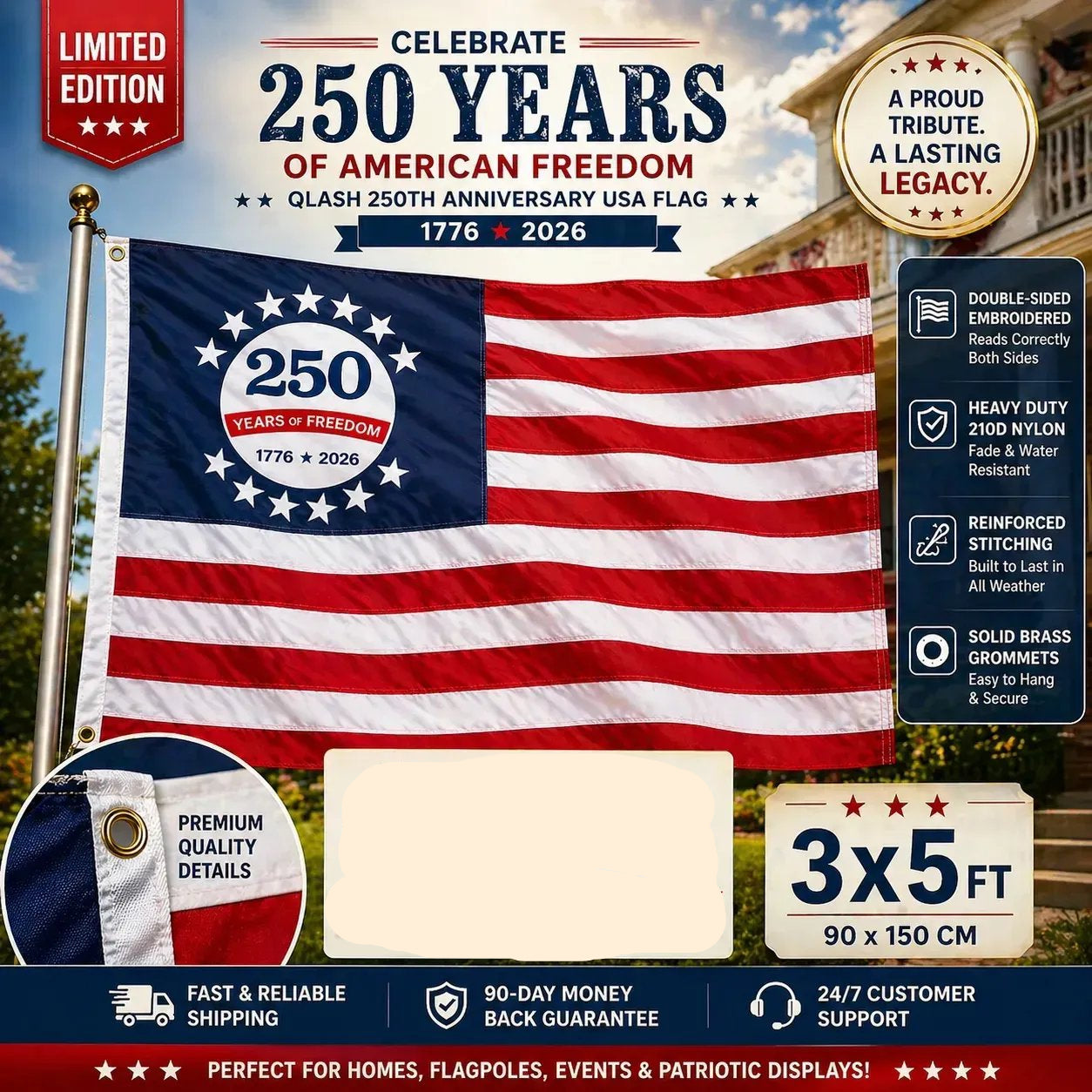 Last Day 49% OFF🔥250th Anniversary USA Commemorative Flag (3x5 Ft),Double-sided mirror embroidery