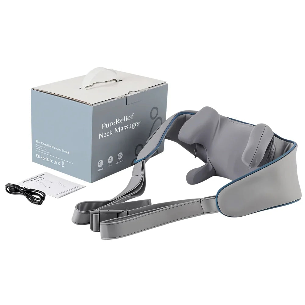 Grey knee massager with box and cable for neck pain relief