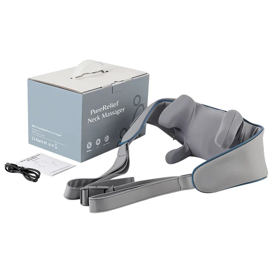 Grey knee massager with box and cable for neck pain relief