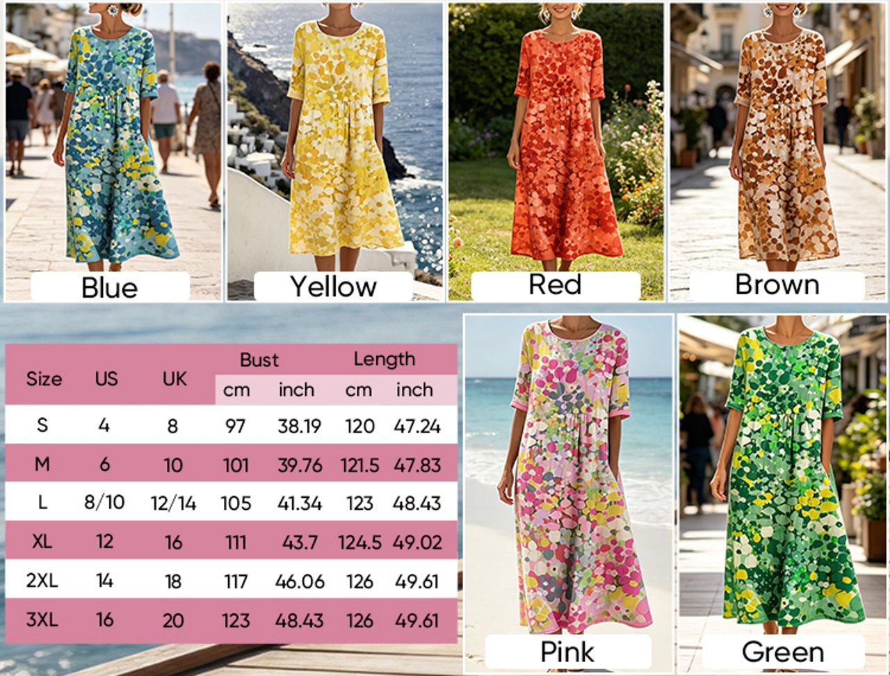 AquaBloom A-Line - Watercolor Midi Dress with Hidden Pockets